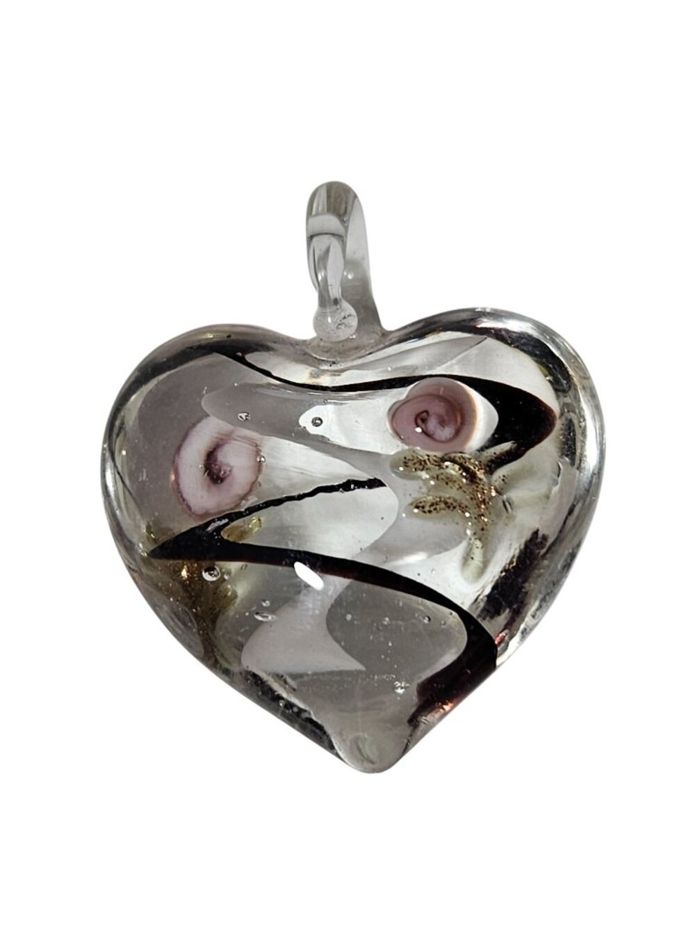 Pendant Art Glass Heart Pink Floral Black Swirl Gold Fleck Cottagecore Boho
